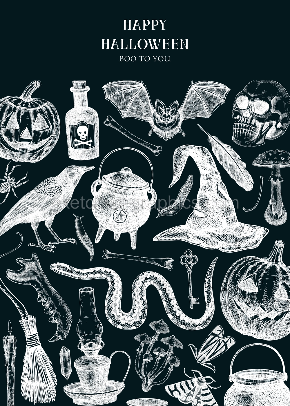 Halloween party invitation design template. Halloween pumpkins, sculls, poisonous mushrooms, bat, raven, snake sketches. Chalkboard background. Hand drawn vector illustration. Banner, card, flyer Illustration